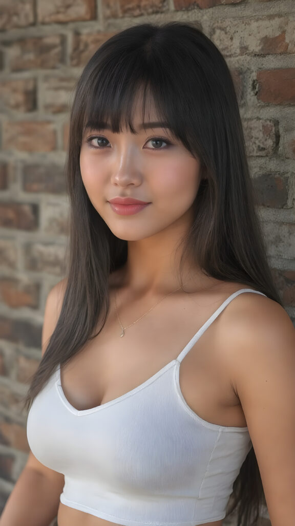 ((detailed and realistic photo)) from a cute young Asian teen girl with (jet, soft, straight hair, her hair falls elegantly over her upper body), bangs cut frame her perfect round face, accentuating her ((belly button)) with a (white cropped spaghetti tank top, deep v-neck), ((she stands in front of a realistic wall made of bricks)), side view, warm smile, seductive, perfect curved body
