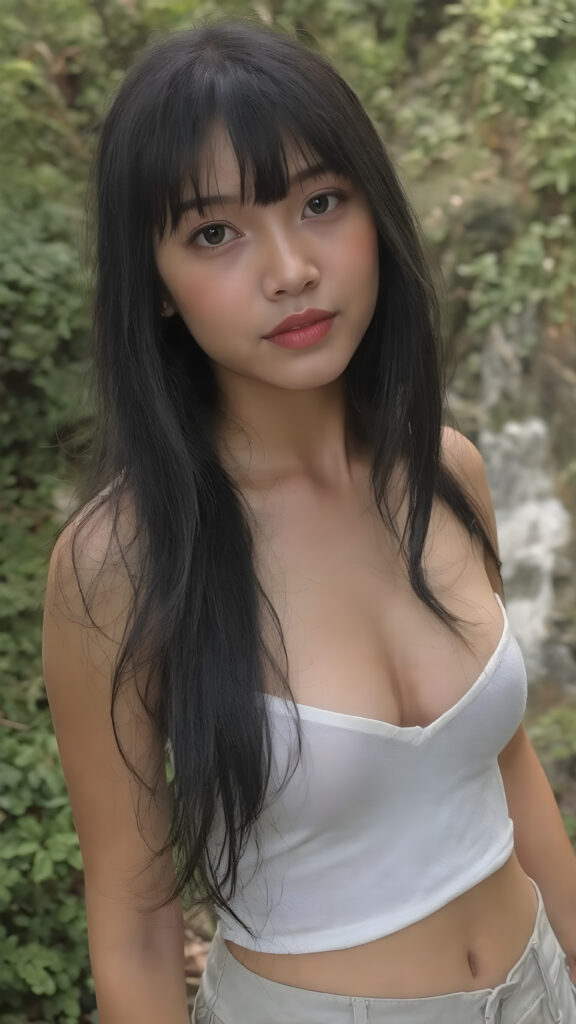 ((detailed and realistic photo)) from a cute young busty Filipino girl with long jet soft black hair, bangs cut frame her perfect round face, accentuating her ((belly button)) with a (white cropped spaghetti tank top) made of fine wool, ((short, leggins pants, cut to frame her shape)), all against a natural green backdrop in jungle, waterfall