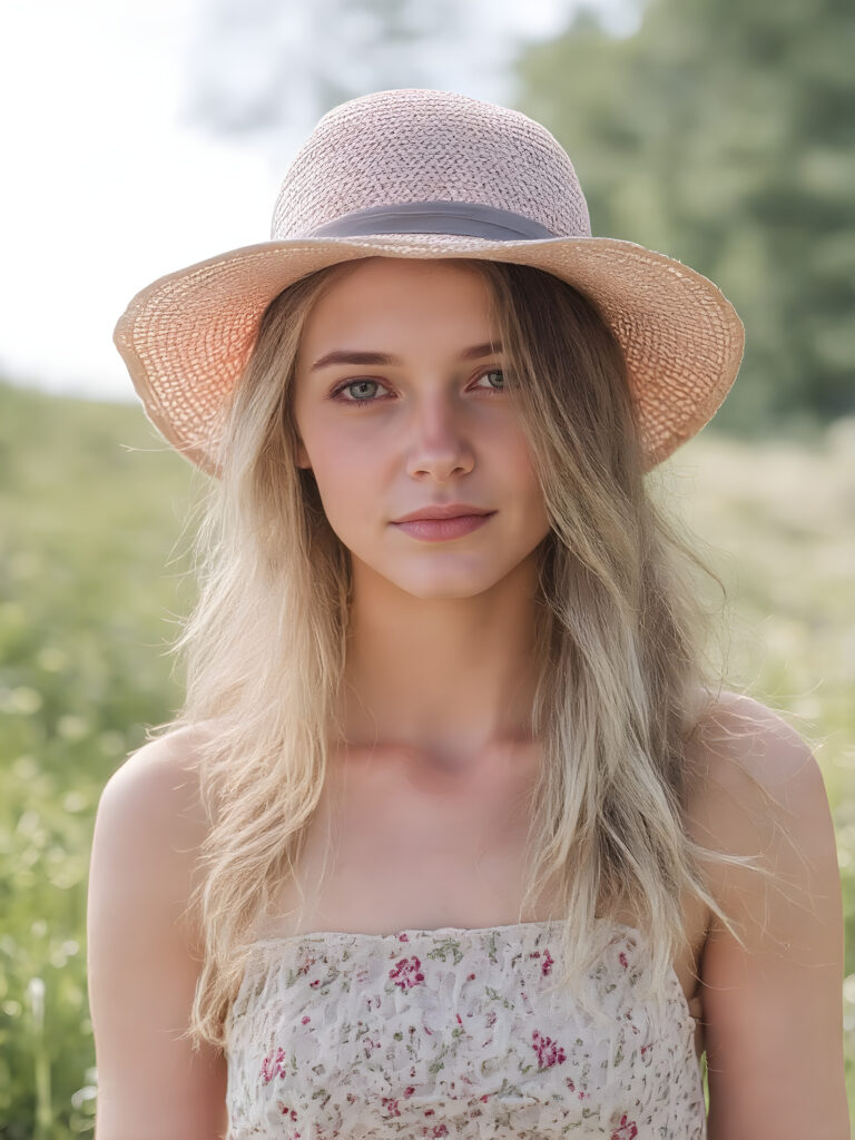 detailed and realistic, a cute adult girl, floral short sommer dress in a sunny green field, straw hat, long golden hair