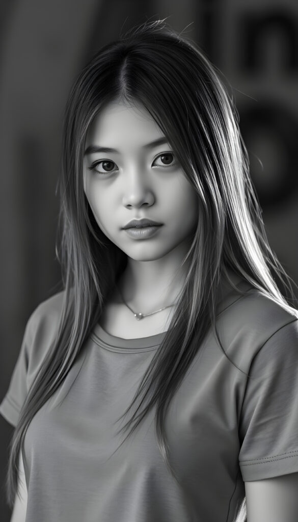 (detailed grayscale) portrait and a pencil drawing of a girl, 18 years old ((cute)) ((stunning)) ((gorgeous)) ((detailed)), long straight open hair, round face, wears a plain t-shirt, perfect curved female body, no necklace