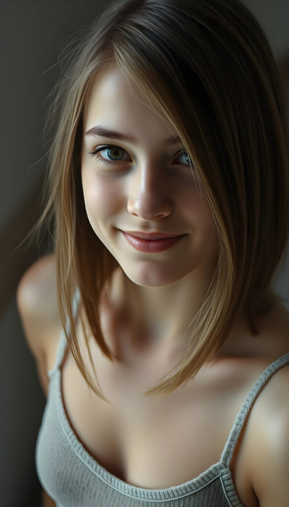 detailed photo from a well busty, deep neckline teen girl with soft brown shoulder-length straight hair with blond highlights framing her face, detailed round face, she wears a thin tank top made of fine wool, view from above, warm smile, wall in backdrop