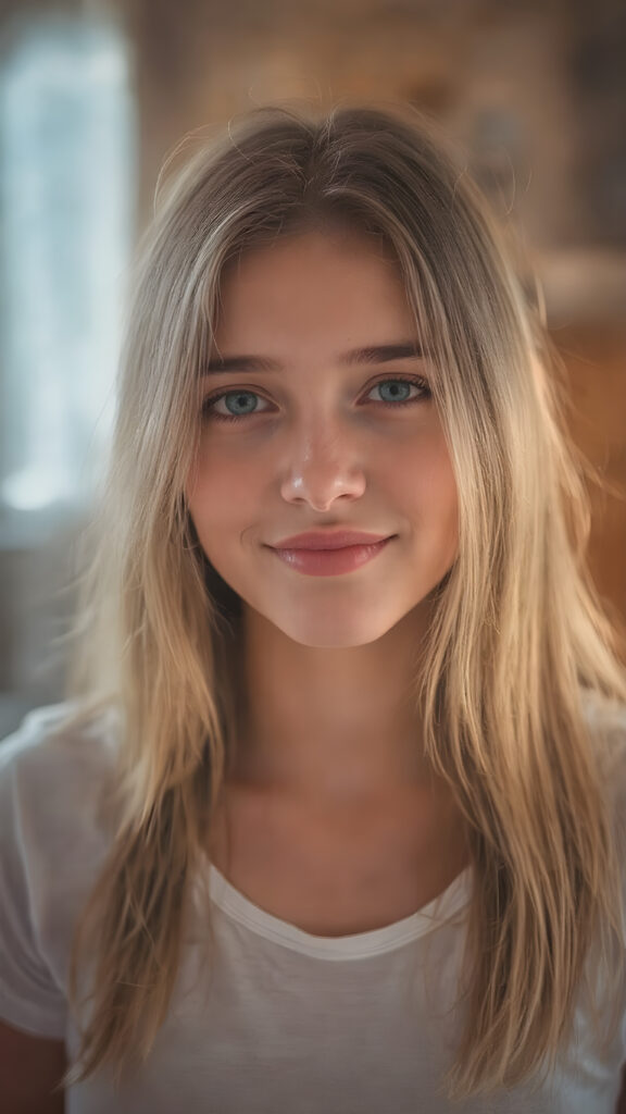 full body, a (((cinematic light scenario))), where a (((beautiful young adult girl))) with long, flowing (((straight golden soft hair))), flawless ((porcelain skin)), and (((plump lips))), is posed against a (((warmly lit backdrop))) She's dressed in a (((thin and translucent white t-shirt)), exuding a playful smile that perfectly complements her youthful features, ((her hair has left and right the same length))