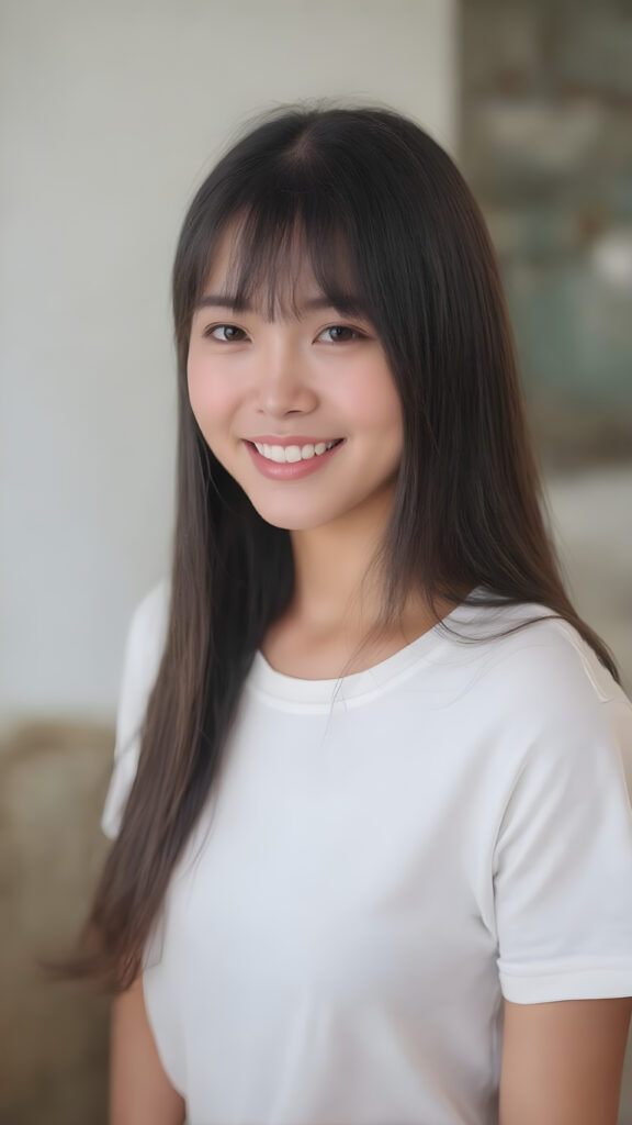 ((full body photo)), a (((gorgeously straight, sleek and shiny, white teeth shining brightly)), in a (((brightly detailed and high quality light and shadow photography))), featuring a (((beautiful young Korean girl))) with (((straight jet soft very long black hair, bangs cut))), her (((skin is beautifully toned and complements her look))), with (((soft, diffused lighting))) that brings out her (((best features))), including (((perfect white balance))) and (((dynamic depth of field))), as if captured by a (((professional studio photography team))), dressed in a sleek fine t-shirt