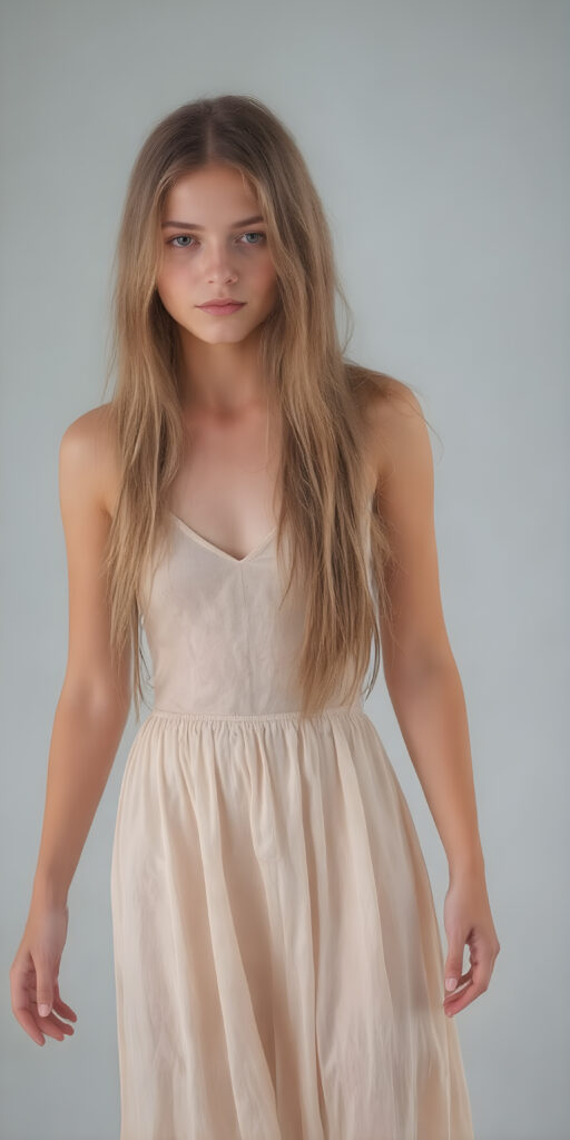 (((full body shot)) a (((vividly beautiful girl, 21 years old))), with incredibly strong, thick, natural legs and a perfectly toned, intricate female form, in a (((light long dress))) that emphasizes her natural beauty, featuring straight, full soft hair that gives off a gentle glow. She exudes perfect physical and emotional health, representing a stunning 8K image that captures her perfectly serene yet playful essence, all against a grey studio backdrop