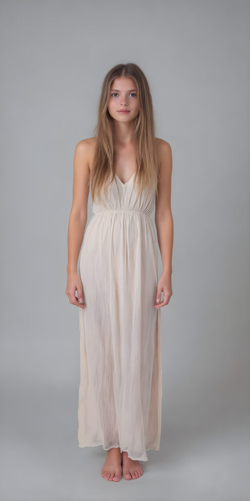 (((full body shot)) a (((vividly beautiful girl, 21 years old))), with incredibly strong, thick, natural legs and a perfectly toned, intricate female form, in a (((light long dress))) that emphasizes her natural beauty, featuring straight, full soft hair that gives off a gentle glow. She exudes perfect physical and emotional health, representing a stunning 8K image that captures her perfectly serene yet playful essence, all against a grey studio backdrop