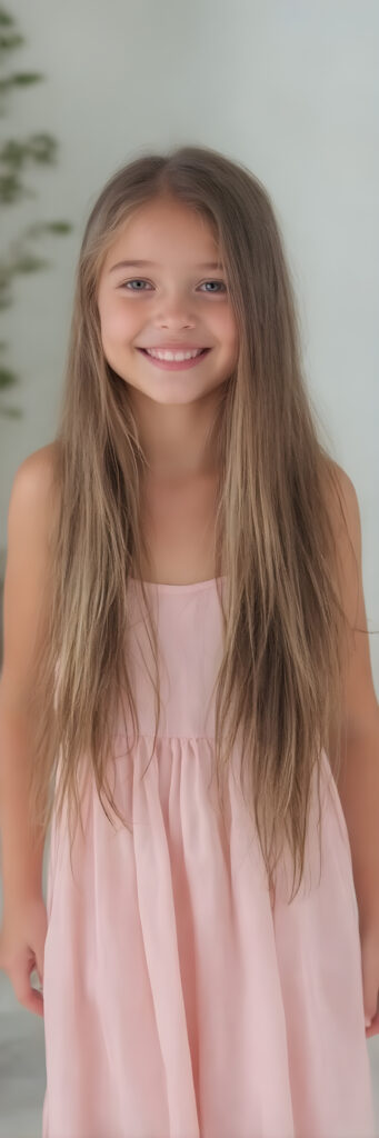 (((full body shot)) a (((vividly beautiful young girl, 18 years old))), with incredibly strong, thick, natural legs and a perfectly toned, intricate female form, dressed in a (((extremely light long dress))) that emphasizes her natural beauty, featuring straight, full soft hair that gives off a gentle glow. Her smile radiates warmth and confidence, perfectly accentuating her adult face. She exudes perfect physical and emotional health, representing a stunning 8K image that captures her perfectly serene yet playful essence