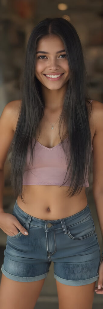 (((full body shot)) a (((vividly beautiful young adult girl, 18 years old))), with incredibly strong, thick, natural legs and a perfectly toned, intricate female form, dressed in a (((short cropped tank top, deep v-neck and short jeans pants))) that emphasizes her natural beauty, featuring straight, full soft long black hair that gives off a gentle glow. Her smile radiates warmth and confidence, perfectly accentuating her adult face. She exudes perfect physical and emotional health, representing a stunning 8K image that captures her perfectly serene yet playful essence