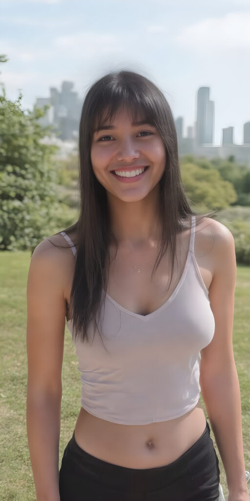 ((full body shot)) a girl, 21 years old, straight black hair, short tank top deep neck, short black skirt, white shoes, smile very happy, white teeth, she is in a sunny green park, skyline in backdrop, detailed belly button