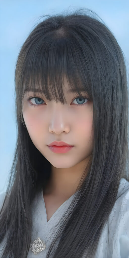 ((full body shot)) from a young girl with long, ((long straight shiny black hair, bangs)), distinctive light blue eyes, and delicate, pale skin. Her features are rendered with great detail, especially her lips, which are full and painted in a realistic (pale) pink color. The girl is dressed in a traditional (white and light blue Ainu dress). The girl's face is perfectly with great detail, showing a serene and natural expression. (((extremely detailed and vivid colors))). The image should be clear and colorful, with a (bright blue sky) that stands out, highlighting the ((distinctive features)) of the (Ainu) people.