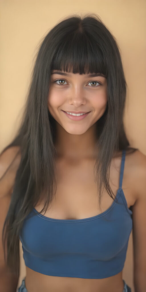 ((full body shot)) a joyfully cute (((young tanned teen girl))), with long, soft straight black (((hair))), the hair falls gently over her upper body and is the same length on both sides, bangs cut frame her round face, exquisitely detailed amber eyes, dressed in a sleek, form-fitting blue (((crop tank top))), she has a perfect curved fit body, full lips, her expression radiating pure elation towards the viewer, detailed, realistic, 4k