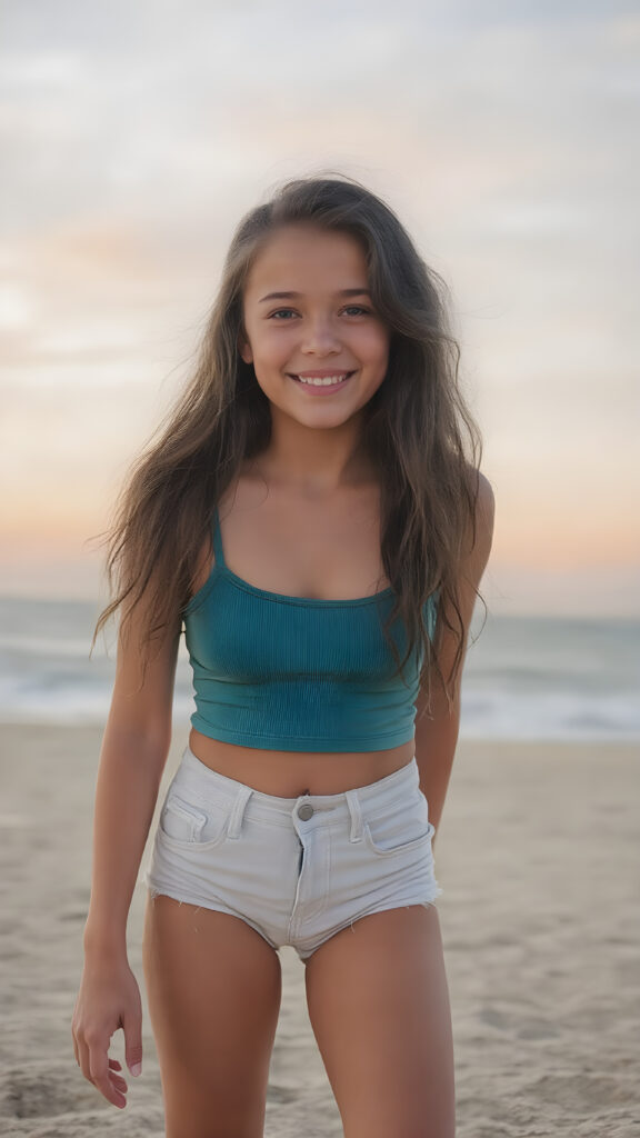 full body shot of a (((very happy teen girl))) with warm, sun-kissed skin and long, softly curled ((black hair)), wearing a tight-fitting, short ((teal top)) and (tight (white denim jean shorts)), posed confidently on a (sandy beach) under a (softly glowing (sky))