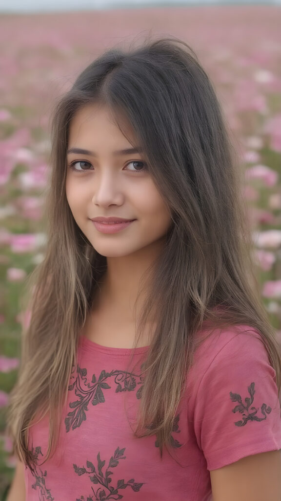full body side image of a breathtakingly beautiful 19-year-old girl, showcasing her radiant complexion and striking long, straight brown hair framed by her exuding a serene and natural elegance. She is captivated by the vast, captivating flower field, her eyes reflecting the enchantment of the moment. Her attire is a perfectly executed (((lifted short t-shirt))), a masterpiece crafted from the finest fabric, highlighting her graceful figure in all the right places. The T-Shirt features intricate floral patterns and luxurious textures, perfectly accentuating her youthful beauty. Her hair is styled in loose, natural waves, adding to the ethereal atmosphere of the scene. The overall mood of the picture is one of youthful vitality and natural elegance, perfect body and face and a smile that radiates warmth and charm