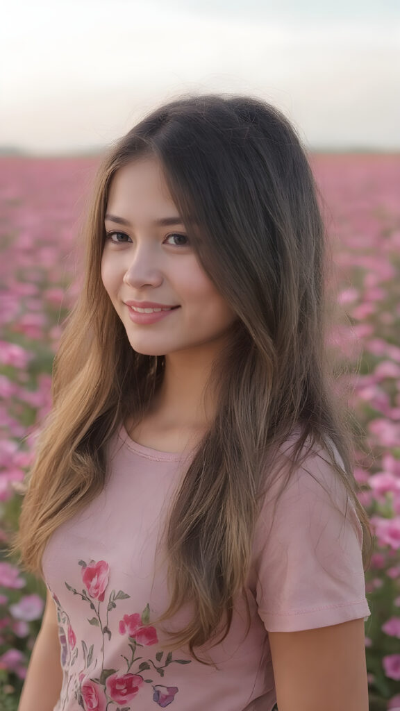 full body side image of a breathtakingly beautiful 19-year-old girl, showcasing her radiant complexion and striking long, straight brown hair framed by her exuding a serene and natural elegance. She is captivated by the vast, captivating flower field, her eyes reflecting the enchantment of the moment. Her attire is a perfectly executed (((lifted short t-shirt))), a masterpiece crafted from the finest fabric, highlighting her graceful figure in all the right places. The T-Shirt features intricate floral patterns and luxurious textures, perfectly accentuating her youthful beauty. Her hair is styled in loose, natural waves, adding to the ethereal atmosphere of the scene. The overall mood of the picture is one of youthful vitality and natural elegance, perfect body and face and a smile that radiates warmth and charm