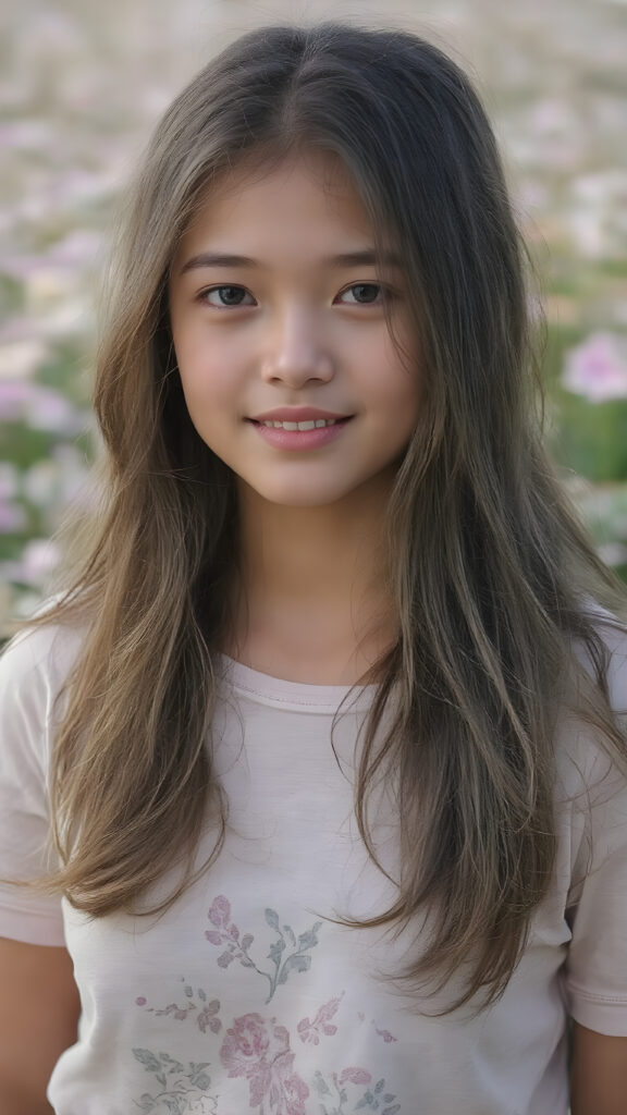 full body side image of a breathtakingly beautiful 19-year-old girl, showcasing her radiant complexion and striking long, straight brown hair framed by her exuding a serene and natural elegance. She is captivated by the vast, captivating flower field, her eyes reflecting the enchantment of the moment. Her attire is a perfectly executed (((lifted short t-shirt))), a masterpiece crafted from the finest fabric, highlighting her graceful figure in all the right places. The T-Shirt features intricate floral patterns and luxurious textures, perfectly accentuating her youthful beauty. Her hair is styled in loose, natural waves, adding to the ethereal atmosphere of the scene. The overall mood of the picture is one of youthful vitality and natural elegance, perfect body and face and a smile that radiates warmth and charm