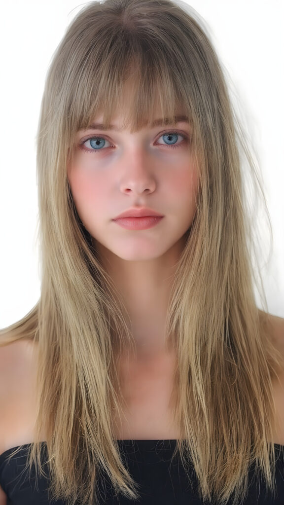 ((full body view)) of a (((cute, attractive and elegant looking teen girl))), she has (((long, straight and thick (pale hazelnut hair) with fringes that gently curve into a softly elegant shape))), which ((softly curls into a nice frilled shape)) at the front, and are long and straight with no bangs or fringe bangs. She has (((a beautifully realistic and detailed ((upper body)) that exudes a stunning level of detail and clarity))) that matches her perfectly natural and clear ((skin tone)) against a (white background) backdrop, where she looks ((sad but happy)) about the camera's focus capturing her attention to detail. Her ((gaze is on the camera)) at the end of the portrait shoot, she has ((nothing on top but a natural clear skin tone)), ((no fringe bangs or curly locks which match her perfect anatomy)), and she softly brushes her hair into a stylish shape that exudes elegance and sophistication, like she's ready for a fashion shoot in a high end studio.