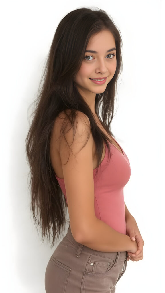 ((full body view)) (((cute))) (((gorgeous))) ((stunning)) ((portrait side shot)) ((female model)) (upper body), (best quality, masterpiece), deep shadow, depth of field, photo with beautiful saturation, ultra high resolution, young well busty teen girl, wears a ((super short form-fitting low cut tight (thin tank top, deep v-neck))), super short pants, looks at the camera, looking at viewer, warm smile, highly detailed, ultra realistic round face, beautiful eyes, ((realistic detailed straight (black hair))), perfect curved body, (((no background (empty background))))