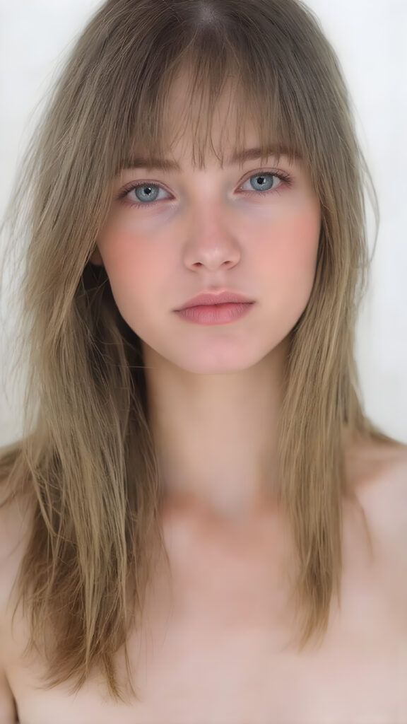 ((full body view)) of a (((cute, attractive and elegant looking teen girl))), she has (((long, straight and thick (pale hazelnut hair) with fringes that gently curve into a softly elegant shape))), which ((softly curls into a nice frilled shape)) at the front, and are long and straight with no bangs or fringe bangs. She has (((a beautifully realistic and detailed ((upper body)) that exudes a stunning level of detail and clarity))) that matches her perfectly natural and clear ((skin tone)) against a (white background) backdrop, where she looks ((sad but happy)) about the camera's focus capturing her attention to detail. Her ((gaze is on the camera)) at the end of the portrait shoot, she has ((nothing on top but a natural clear skin tone)), ((no fringe bangs or curly locks which match her perfect anatomy)), and she softly brushes her hair into a stylish shape that exudes elegance and sophistication, like she's ready for a fashion shoot in a high end studio.