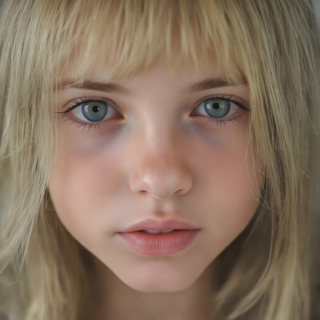 full face of a young girl, green emerald eyes, perfect black eyebrows, full plump kissable lips, symmetrical nose, flawless skin, makeup, eyeliner, beautiful lips and brows, straight blond and brown hair frame her angelic round face