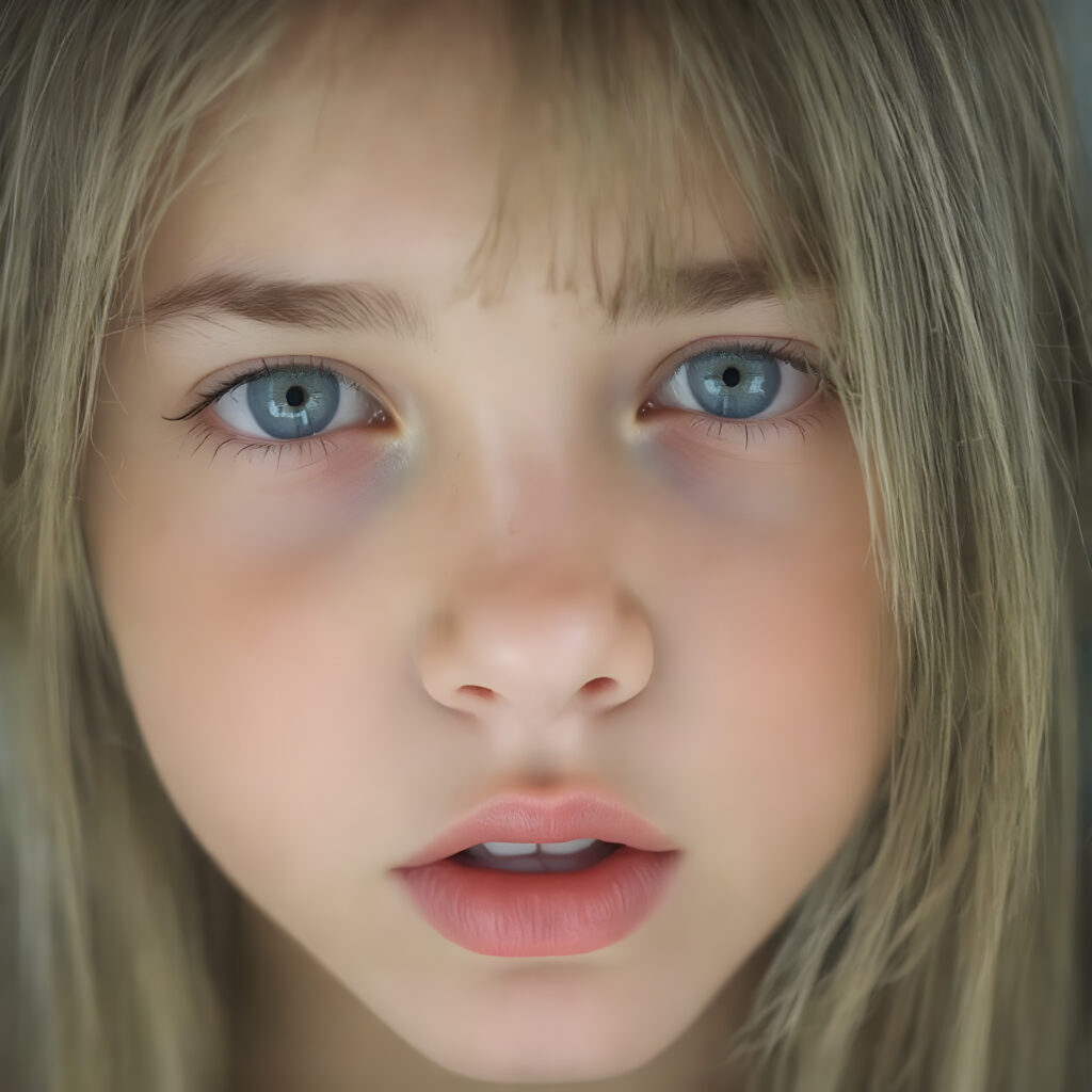 full face of a young girl, green emerald eyes, perfect black eyebrows, full plump kissable lips, symmetrical nose, flawless skin, makeup, eyeliner, beautiful lips and brows, straight blond and brown hair frame her angelic round face