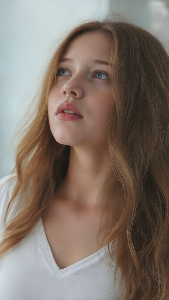 (full upper body side view) of a young teen girl with long wavy red hair falling down her back looking up with slightly open mouth, full red lips, her flawless silver skin is shiny. The picture captures the beauty of a young woman, the girl feel the pure pleasure, the girl wears a short t-shirt with deep v-neck