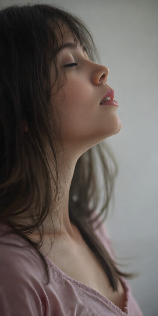 (full upper body side view) of a young girl with long black hair falling down her back looking up with closed eyes and slightly open mouth. Her flawless skin is shiny and wet. The picture captures the beauty of a young woman, the girl feel the pure pleasure, the girl wears a short t-shirt with deep v-neck