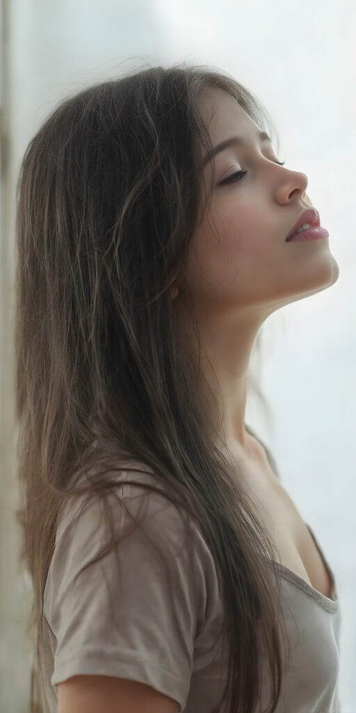 (full upper body side view) of a young girl with long black hair falling down her back looking up with closed eyes and slightly open mouth. Her flawless skin is shiny and wet. The picture captures the beauty of a young woman, the girl feel the pure pleasure, the girl wears a short t-shirt with deep v-neck
