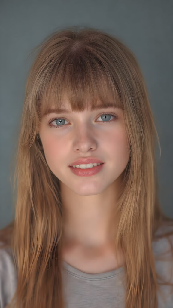 (full upper body centered portrait) of a young adult Exotic teen girl with long super soft straight jet red blond hair falling down, perfect bangs cut, full red lips, her flawless silver skin is shiny. The picture captures the beauty of a young woman, the lucky girl feel the pure pleasure and she is looking very seductive to viewer, all against a grey backdrop, she is wearing a short thin t-shirt, warm smile with white teeth