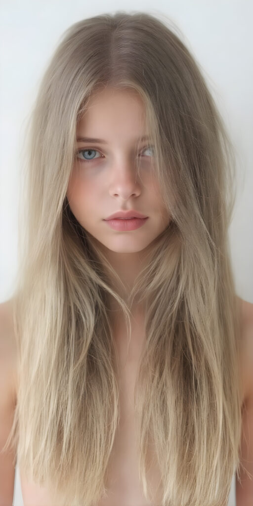 full upper body, a young girl, soft straight very long hair, her hair falls over her upper body and covers her front, ((detailed and realistic)), stunning, gorgeous