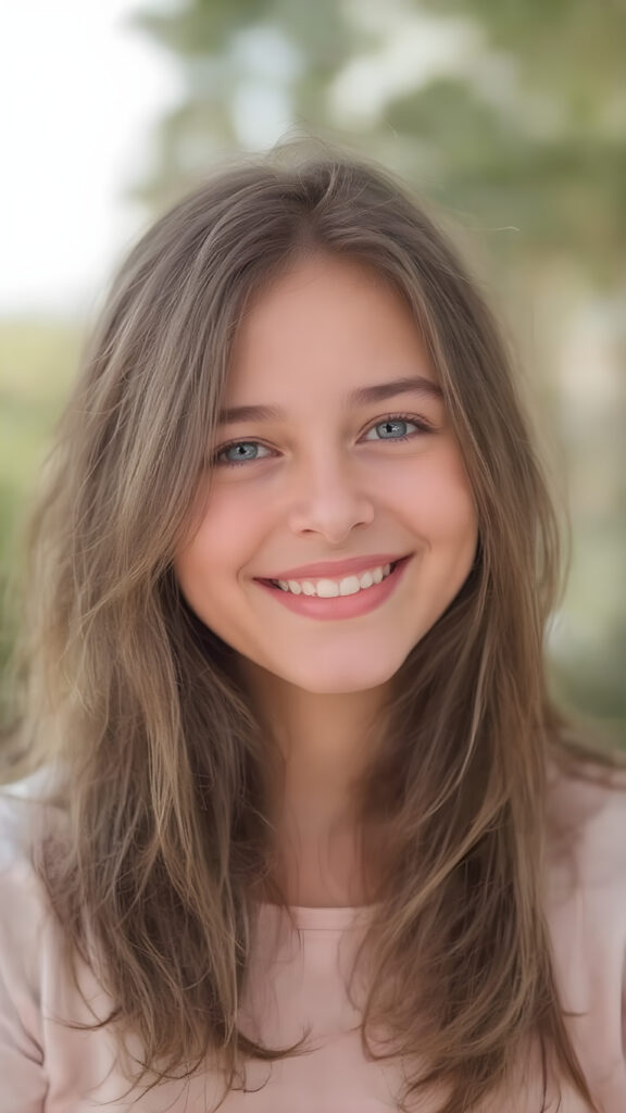 full upper body portrait, a young, beautiful girl, 23 years old, with brown, soft hair enjoys life. She radiates joy. Her eyes shine. She has a wonderful, gentle face.