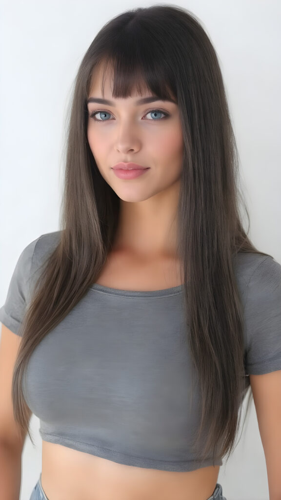 generate me a beautiful, detailed and realistic well busty girl with soft long black straight hair, round, beautiful face, light blue eyes, plump lips, full mouth, perfect body, she wears a short, ((tight cropped grey t-shirt with deep neck)), belly button, has a feminine shaped body, she wears short, tight jeans pants, her smooth legs are flawless, ((side view)), white teeth and smile, light grey backdrop, 200 mm