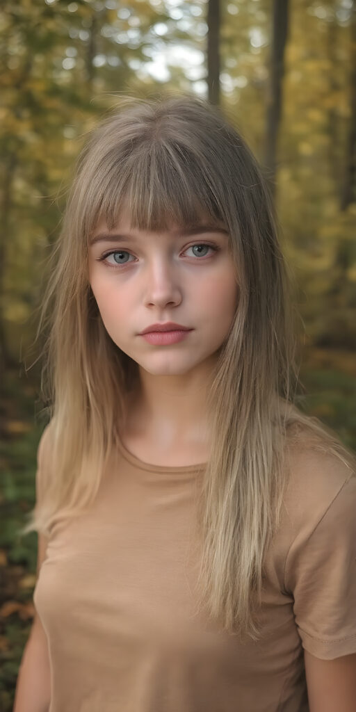 high detailed and realistic ((upper body portrait)) from a breathtakingly beautiful natural young (((girl))) her cheerful nature makes you happy, with warm amber eyes and luxuriously thick (((white soft detailed long smooth straight hair, bangs))), full detailed natural lips, ((wears a light brown form-fitting plain thin t-shirt that support her perfect body, stands in an autumnal forest))