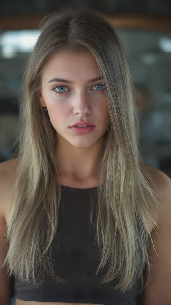 (hyper realistic and detailed photo) a beautiful girl with a flawless face. She has perfect make-up and perfectly made-up eyes. Her lips are red and plump. Her eyes are bright blue. Long, straight and shiny hair falls over her perfect torso. She wears a tight, belly-free cropped tank top that emphasizes her wonderfully shaped body. She also wears short cargo pants.