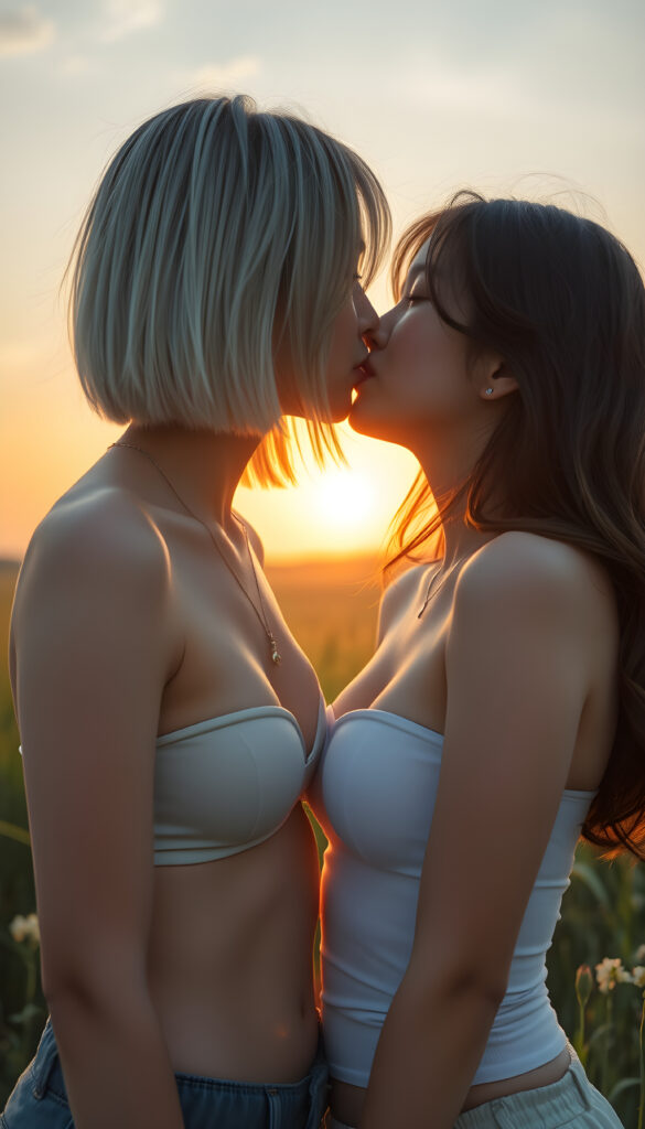 in a sunlit meadow and a dreamy sunset, two cute young Japanese school teen girls about a passionate kiss, (one has long white straight hair in bob cut), (one has long, wavy black hair), both wears a thin, tight white undershirt