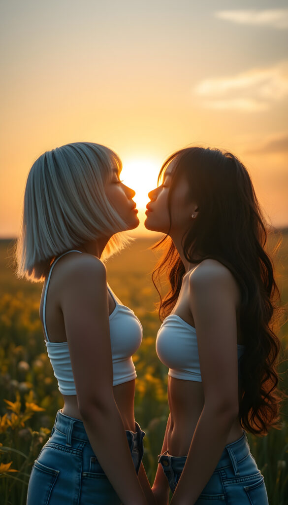 in a sunlit meadow and a dreamy sunset, two cute young Japanese school teen girls about a passionate kiss, (one has long white straight hair in bob cut), (one has long, wavy black hair), both wears a thin, tight white undershirt