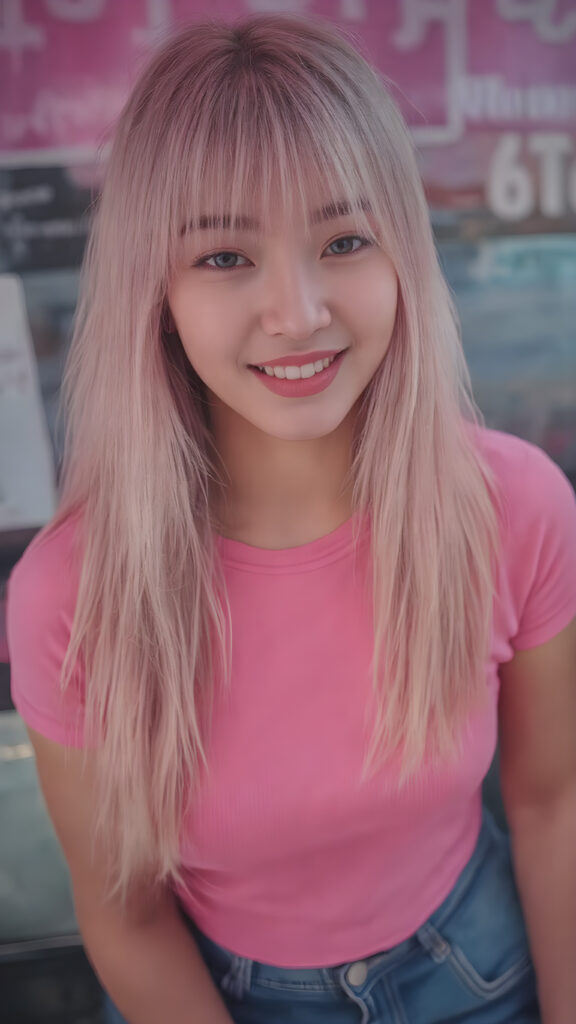 perfect realistic beautiful teenage girl, with gorgeous jet pink hair, early 2000s, styling her hair in straight long soft waves with the exact same length left an right, that exude an air of cuteness. Her features are Korean-inspired, with long, straight hair as the norm for Korean girls of her age. She's also got perfectly straight white teeth, which is rare for someone her age, and beautiful jet pink lips that perfectly complements her face. She's wearing a super short tight pink shirt that emphasizes her navel, and loose fitting jeans that enhance her perfect curved body. Her smile is sunny and inviting, giving the impression of a happy, joyful, and inviting personality. (((She is beautiful and cute, full body image)))