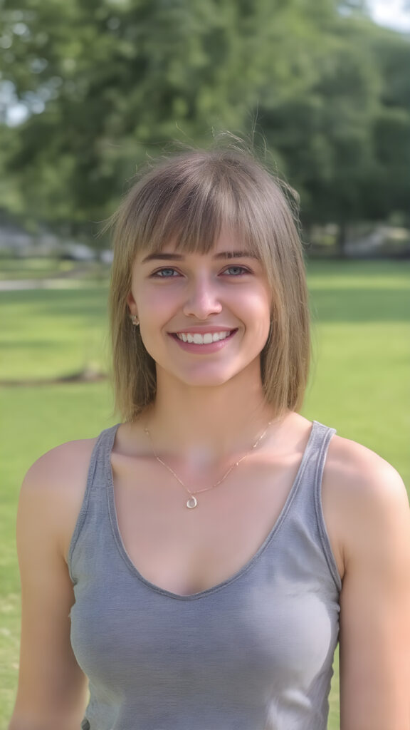 (((perfect symmetry))) a well busty young teenage girl, straight short hair, grey sport top deep neck, short black skirt, smile very happy, white teeth, she is in a sunny green park, skyline in backdrop, realistic, stunning, gorgeous, she wears a fine necklace