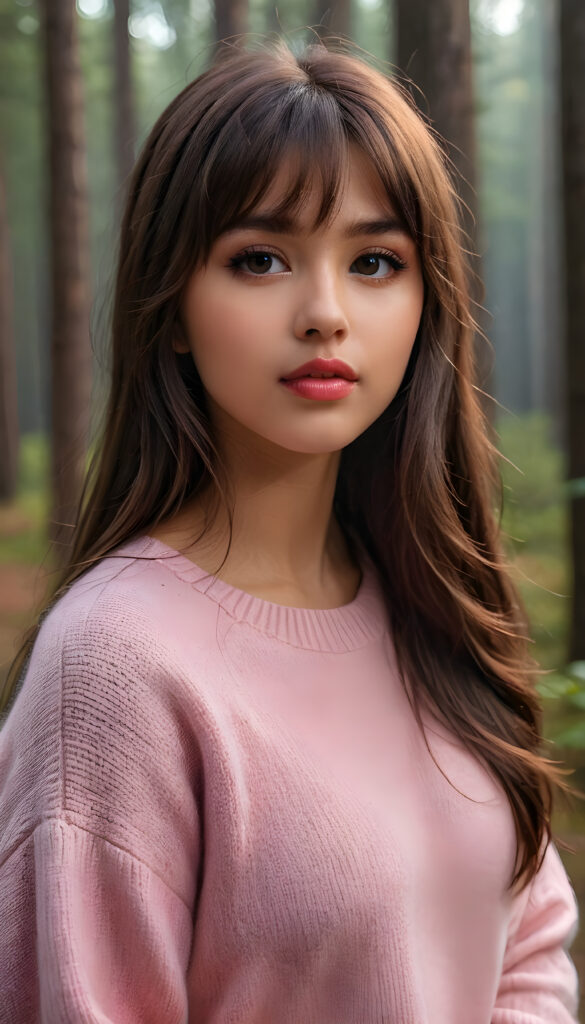 ((portrait)) a young cute busty tanned teen girl with long, straight and shiny jet brown hair, bangs frame her face, ((full plump red lips)), wears a ((form-fitting pink sweater made of fine wool)), looks seductively at the viewer. In the background a misty, gloomy forest with faint moonlight, she has a perfect fit curved body, ((side view))
