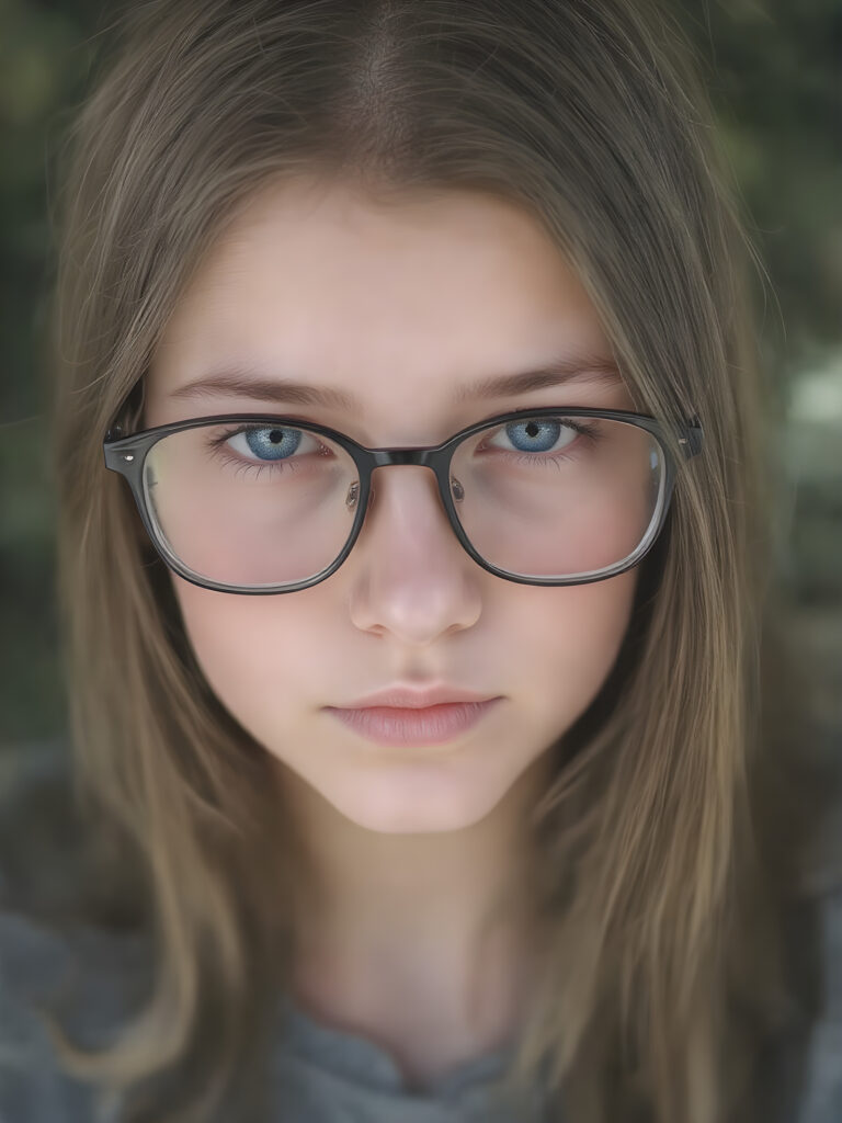 portrait from a stunningly beautiful young nerd girl, wearing a large, dark prescription glasses, age 14, with ((brown long straight jet hair (luminous)), flowing down to her waist, and (((light blue eyes))), that match perfectly with her flawless complexion. She's dressed in a tight ((wool sweater)), perfectly complemented by her (perfectly proportioned figure). Her look exudes seduction and playfulness, as she gazes directly at the viewer. Her focus on the camera is intense, with a soft, inviting expression that draws you in. The background is natural, sunny day, providing a perfect contrast to her youthful face, and making her features stand out perfectly.