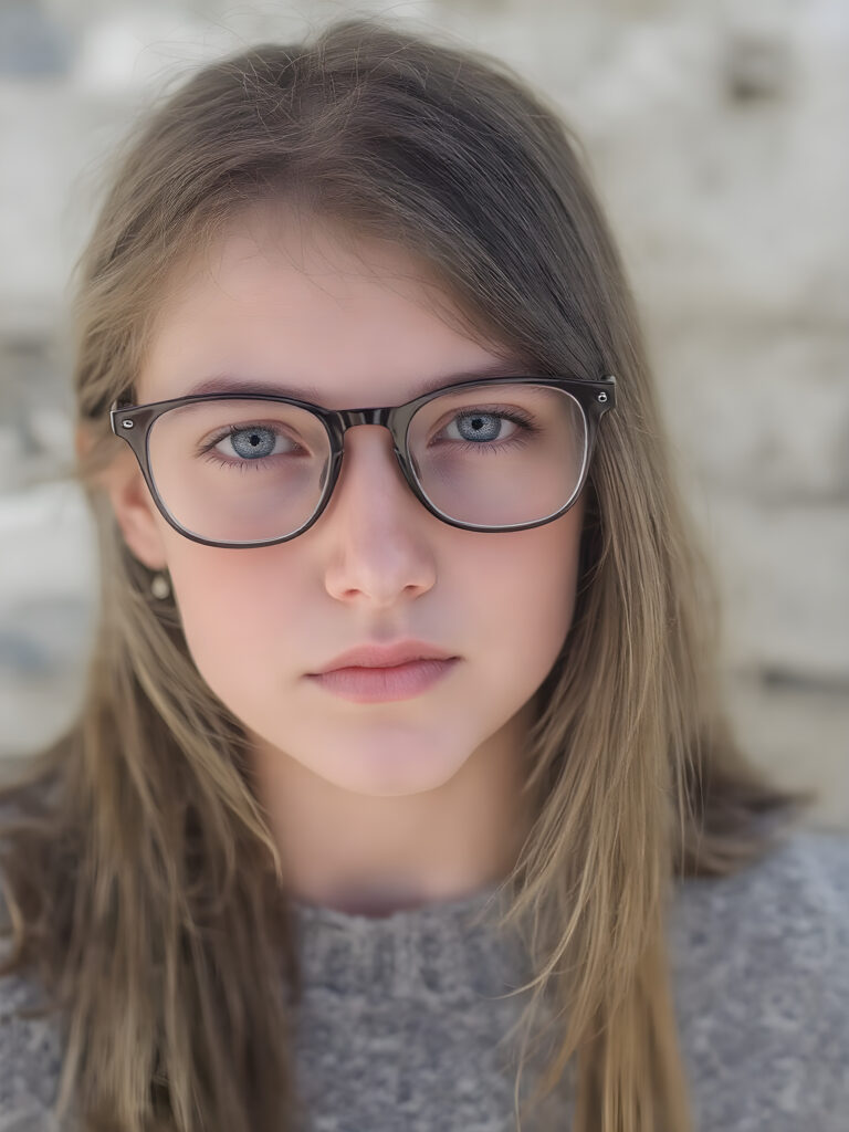 portrait from a stunningly beautiful young nerd girl, wearing a large, dark prescription glasses, age 14, with ((brown long straight jet hair (luminous)), flowing down to her waist, and (((light blue eyes))), that match perfectly with her flawless complexion. She's dressed in a tight ((wool sweater)), perfectly complemented by her (perfectly proportioned figure). Her look exudes seduction and playfulness, as she gazes directly at the viewer. Her focus on the camera is intense, with a soft, inviting expression that draws you in. The background is natural, sunny day, providing a perfect contrast to her youthful face, and making her features stand out perfectly.