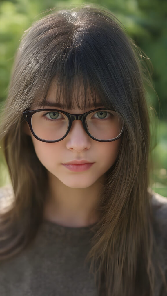 portrait from a stunningly beautiful young nerd girl, wearing a large, dark prescription glasses, age 15, with ((black long straight jet super soft hair (luminous)), flowing down to her waist, and (((bright amber eyes))), that match perfectly with her flawless complexion. She's dressed in a tight ((wool sweater)), perfectly complemented by her (perfectly proportioned figure). Her look exudes seduction and playfulness, as she gazes directly at the viewer, all against a sunny green backdrop
