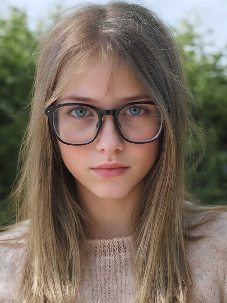 portrait from a stunningly beautiful young nerd girl, wearing a large, dark prescription glasses, age 14, with ((brown long straight jet hair (luminous)), flowing down to her waist, and (((light blue eyes))), that match perfectly with her flawless complexion. She's dressed in a tight ((wool sweater)), perfectly complemented by her (perfectly proportioned figure). Her look exudes seduction and playfulness, as she gazes directly at the viewer. Her focus on the camera is intense, with a soft, inviting expression that draws you in. The background is natural, sunny day, providing a perfect contrast to her youthful face, and making her features stand out perfectly.