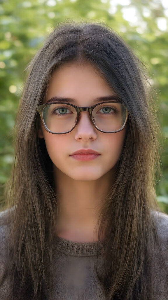portrait from a stunningly beautiful young nerd girl, wearing a large, dark prescription glasses, age 15, with ((black long straight jet super soft hair (luminous)), flowing down to her waist, and (((bright amber eyes))), that match perfectly with her flawless complexion. She's dressed in a tight ((wool sweater)), perfectly complemented by her (perfectly proportioned figure). Her look exudes seduction and playfulness, as she gazes directly at the viewer, all against a sunny green backdrop