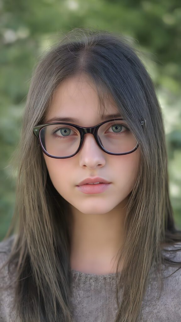 portrait from a stunningly beautiful young nerd girl, wearing a large, dark prescription glasses, age 15, with ((black long straight jet super soft hair (luminous)), flowing down to her waist, and (((bright amber eyes))), that match perfectly with her flawless complexion. She's dressed in a tight ((wool sweater)), perfectly complemented by her (perfectly proportioned figure). Her look exudes seduction and playfulness, as she gazes directly at the viewer, all against a sunny green backdrop