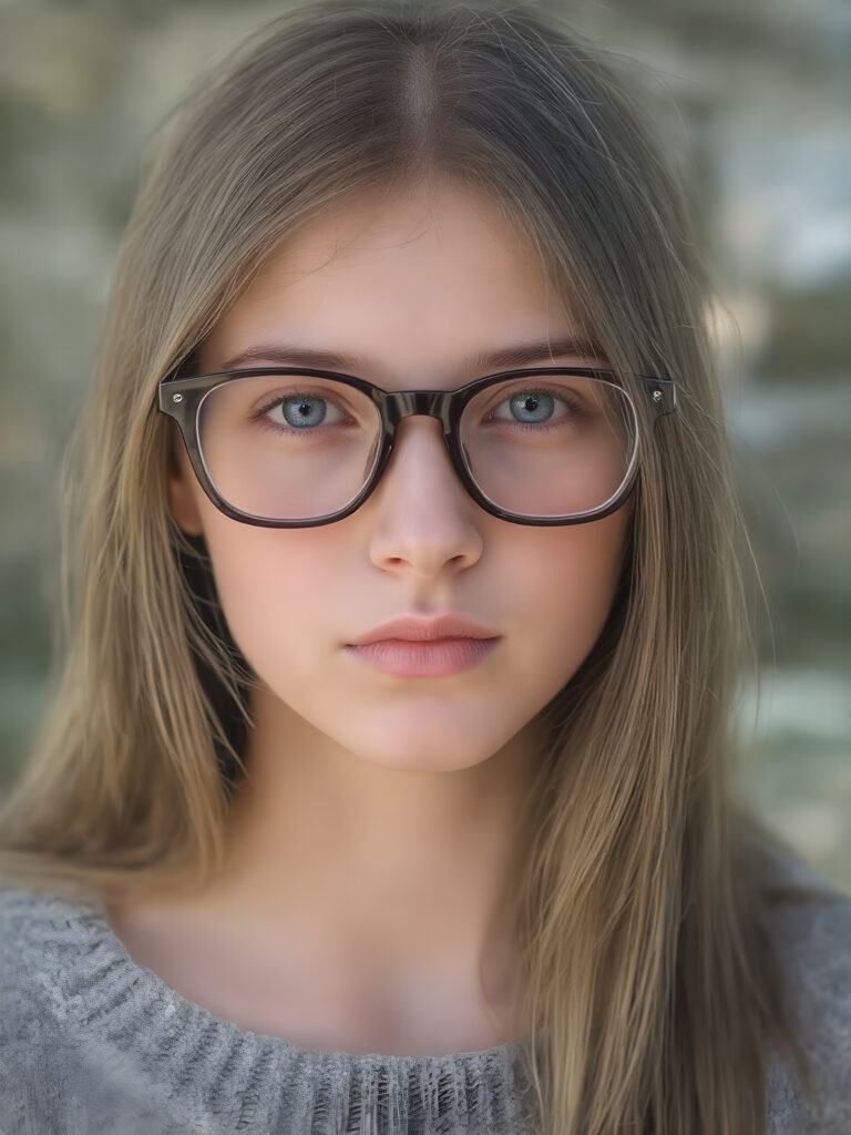 portrait from a stunningly beautiful young nerd girl, wearing a large, dark prescription glasses, age 14, with ((brown long straight jet hair (luminous)), flowing down to her waist, and (((light blue eyes))), that match perfectly with her flawless complexion. She's dressed in a tight ((wool sweater)), perfectly complemented by her (perfectly proportioned figure). Her look exudes seduction and playfulness, as she gazes directly at the viewer. Her focus on the camera is intense, with a soft, inviting expression that draws you in. The background is natural, sunny day, providing a perfect contrast to her youthful face, and making her features stand out perfectly.