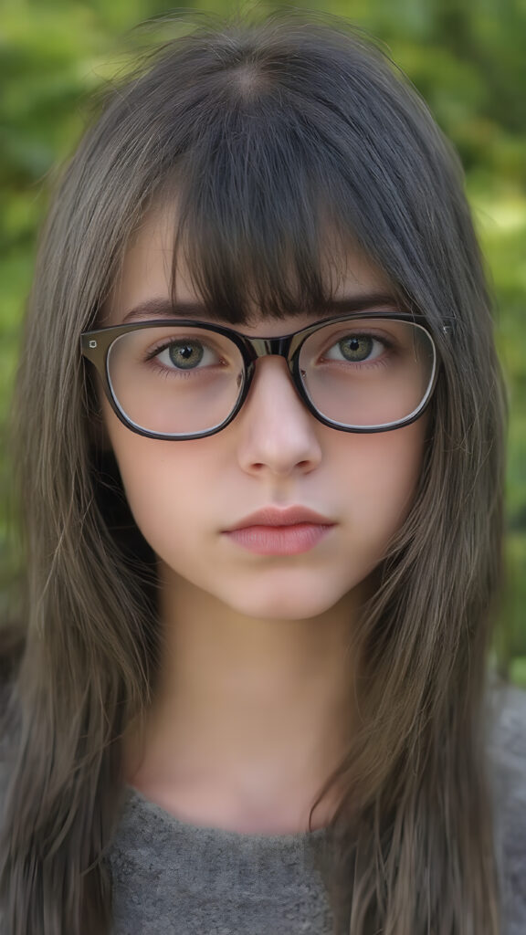 portrait from a stunningly beautiful young nerd girl, wearing a large, dark prescription glasses, age 15, with ((black long straight jet super soft hair (luminous)), flowing down to her waist, and (((bright amber eyes))), that match perfectly with her flawless complexion. She's dressed in a tight ((wool sweater)), perfectly complemented by her (perfectly proportioned figure). Her look exudes seduction and playfulness, as she gazes directly at the viewer, all against a sunny green backdrop