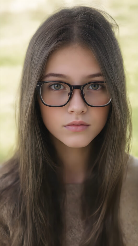 portrait from a stunningly beautiful young nerd girl, wearing a large, dark prescription glasses, age 15, with ((black long straight jet super soft hair (luminous)), flowing down to her waist, and (((bright amber eyes))), that match perfectly with her flawless complexion. She's dressed in a tight ((wool sweater)), perfectly complemented by her (perfectly proportioned figure). Her look exudes seduction and playfulness, as she gazes directly at the viewer, all against a sunny green backdrop