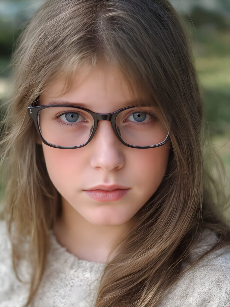 portrait from a stunningly beautiful young nerd girl, wearing a large, dark prescription glasses, age 14, with ((brown long straight jet hair (luminous)), flowing down to her waist, and (((light blue eyes))), that match perfectly with her flawless complexion. She's dressed in a tight ((wool sweater)), perfectly complemented by her (perfectly proportioned figure). Her look exudes seduction and playfulness, as she gazes directly at the viewer. Her focus on the camera is intense, with a soft, inviting expression that draws you in. The background is natural, sunny day, providing a perfect contrast to her youthful face, and making her features stand out perfectly.