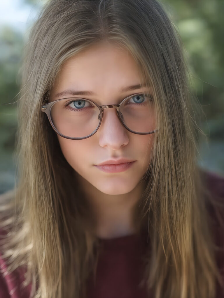 portrait from a stunningly beautiful young nerd girl, wearing a large, dark prescription glasses, age 14, with ((brown long straight jet hair (luminous)), flowing down to her waist, and (((light blue eyes))), that match perfectly with her flawless complexion. She's dressed in a tight ((wool sweater)), perfectly complemented by her (perfectly proportioned figure). Her look exudes seduction and playfulness, as she gazes directly at the viewer. Her focus on the camera is intense, with a soft, inviting expression that draws you in. The background is natural, sunny day, providing a perfect contrast to her youthful face, and making her features stand out perfectly.