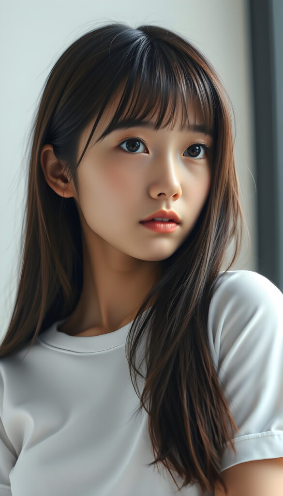 ((portrait)) of (((cute))) (((elegant))) ((attractive)) (((long, straight hair))) ((stunning)) a beautifully realistic, cinematic lights, Asian teen girl, bangs cut, realistic detailed angelic round face, ((realistic detailed eye)) looks sadly at the camera, portrait shot, perfect curved body, (wears a super short tight (white t-shirt) made on thin silk), perfect anatomy, white background, side perspective, ((no background))