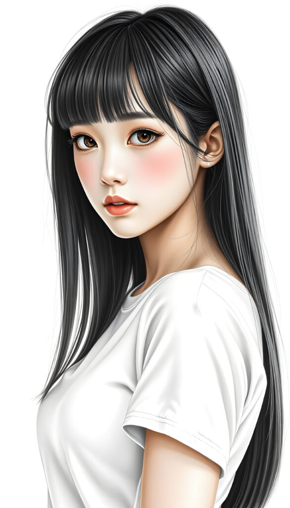 ((portrait)) of (((cute))) (((elegant))) ((attractive)) (((long, straight hair))) ((stunning)) ((pencil drawing)) a beautifully realistic, cinematic lights, Asian teen girl, bangs cut, realistic detailed angelic round face, ((realistic detailed eye)) looks sadly at the camera, portrait shot, perfect curved body, (wears a super short tight (white t-shirt) made on thin silk), perfect anatomy, white background, side perspective, ((no background))